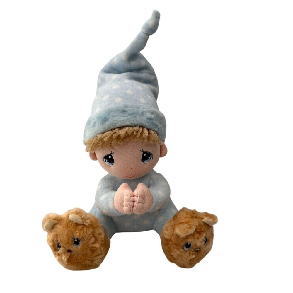 Precious Moments Plush Baby Doll Blue Polka Dot Pajamas & Bear Slippers Talks